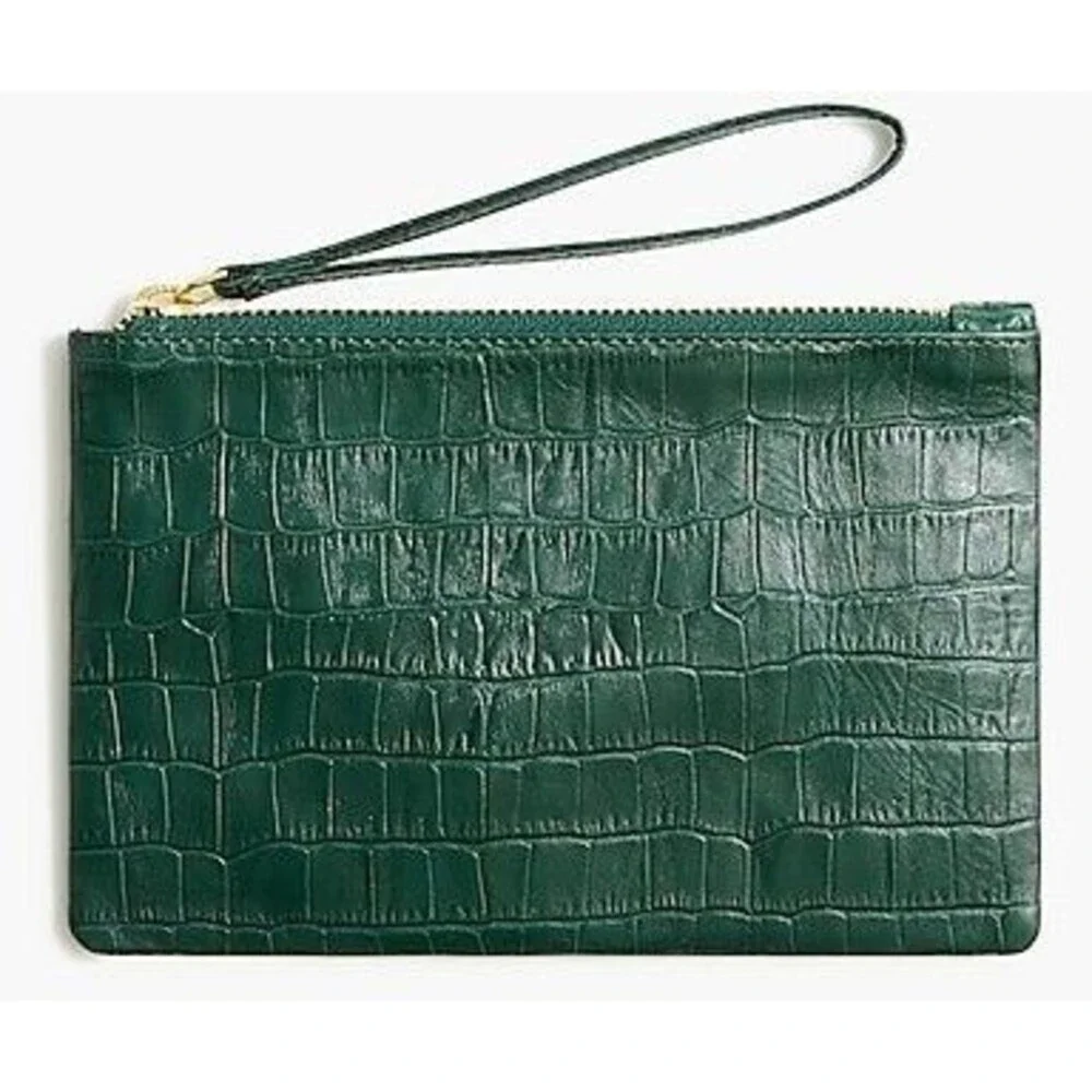 J. Crew Crocodile Embossed Leather Wristlet Clutch Green NWT